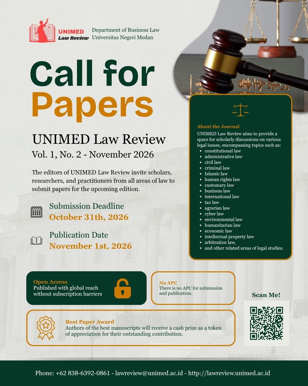 Call for Papers flyer for UNIMED Law Review, Volume 1, Number 2, November 2026, published by the Department of Business Law at Universitas Negeri Medan. The submission deadline is October 31st, 2026, and the publication date is November 1st, 2026. The journal is open access with no APC, features a Best Paper Award, and accepts submissions across various legal fields.