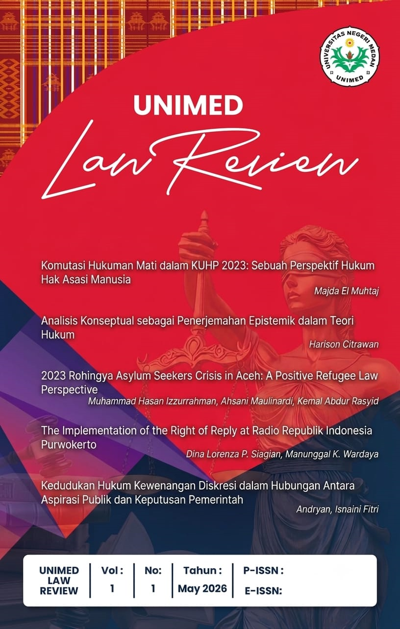 Call for Papers flyer for UNIMED Law Review, Volume 1, Number 2, November 2026, published by the Department of Business Law at Universitas Negeri Medan. The submission deadline is October 31st, 2026, and the publication date is November 1st, 2026. The journal is open access with no APC, features a Best Paper Award, and accepts submissions across various legal fields.